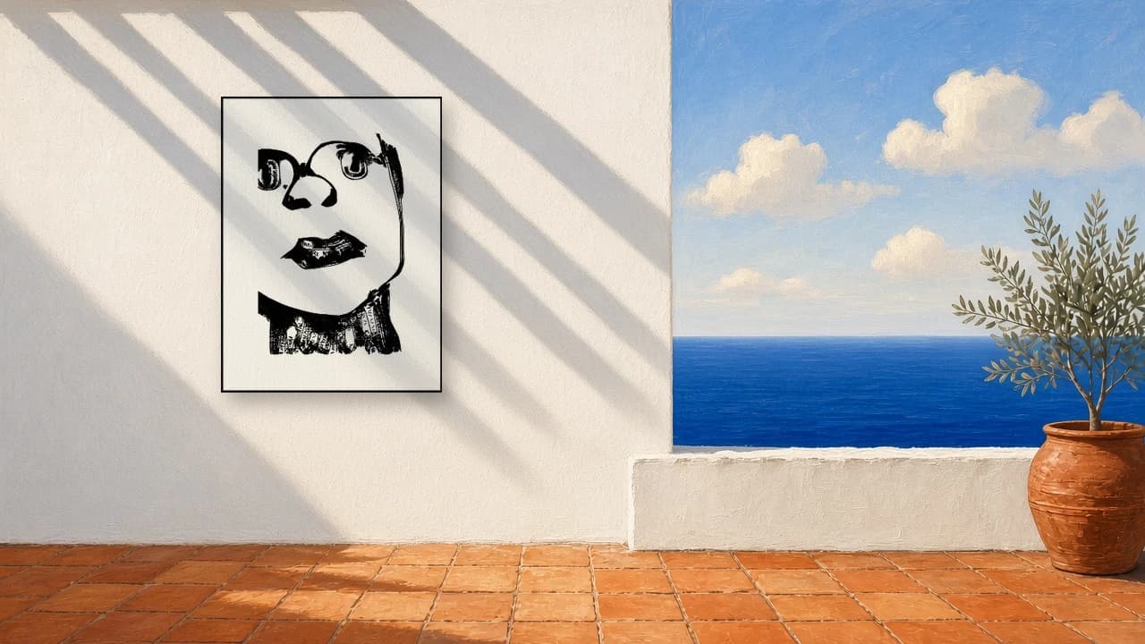 A whitewashed terrace by the sea, with a drawing by Alice Day on the wall